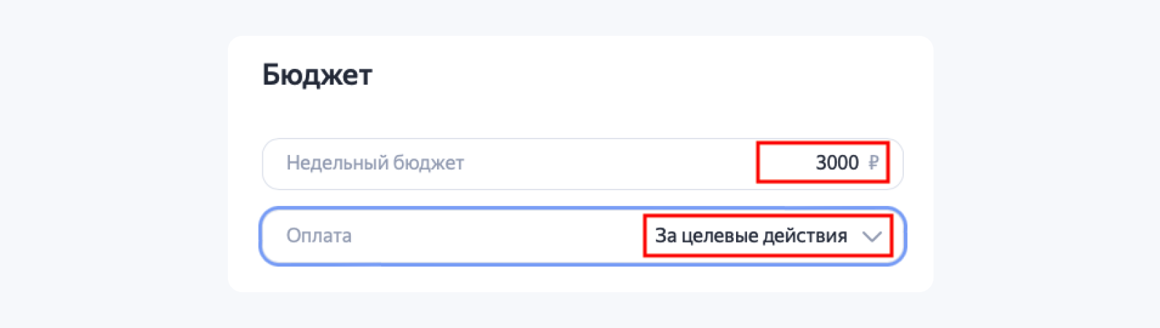 скриншот блока «Бюджет» в настройках рекламной кампании через Яндекс Директ